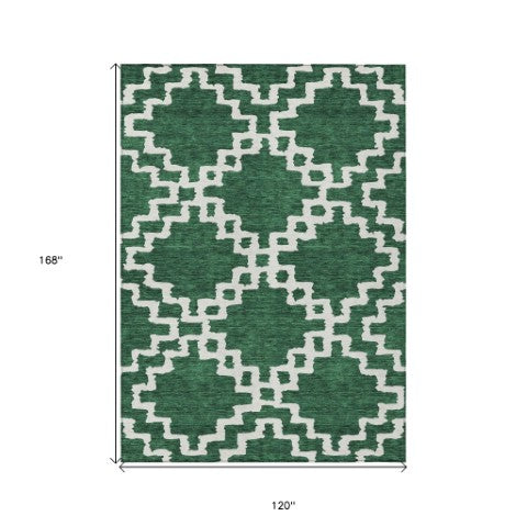 Homeroots 3' Artichoke Green And Ivory Geometric Washable Area Rug For Indoor And Outdoor Spaces, Durable Design 10' X 14' Polyester 593767