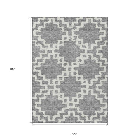 Homeroots 3' Artichoke Green And Ivory Geometric Washable Area Rug For Indoor And Outdoor Spaces, Durable Design 3' X 5' Polyester 593768