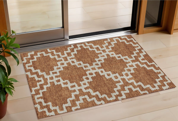 Homeroots 3' Artichoke Green And Ivory Geometric Washable Area Rug For Indoor And Outdoor Spaces, Durable Design 3' X 5' Polyester 593780