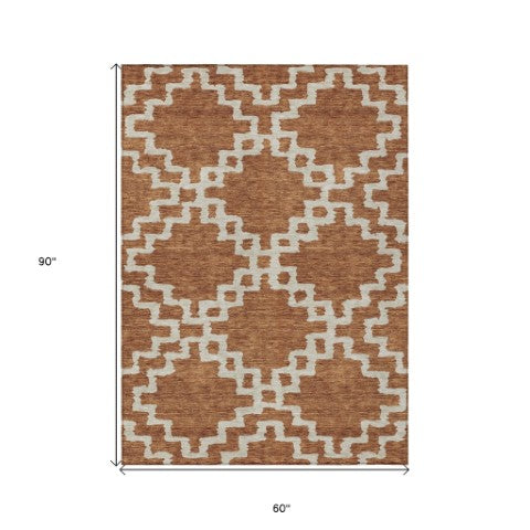 Homeroots 3' Artichoke Green And Ivory Geometric Washable Area Rug For Indoor And Outdoor Spaces, Durable Design 5' X 8' Polyester 593781