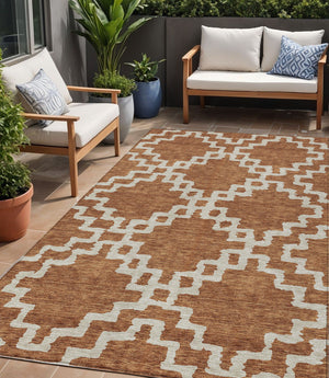 Homeroots 3' Artichoke Green And Ivory Geometric Washable Area Rug For Indoor And Outdoor Spaces, Durable Design 5' X 8' Polyester 593781