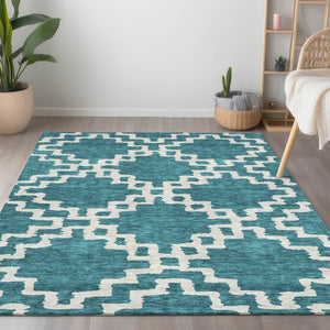 Homeroots 3' Artichoke Green And Ivory Geometric Washable Area Rug For Indoor And Outdoor Spaces, Durable Design 5' X 8' Polyester 593799