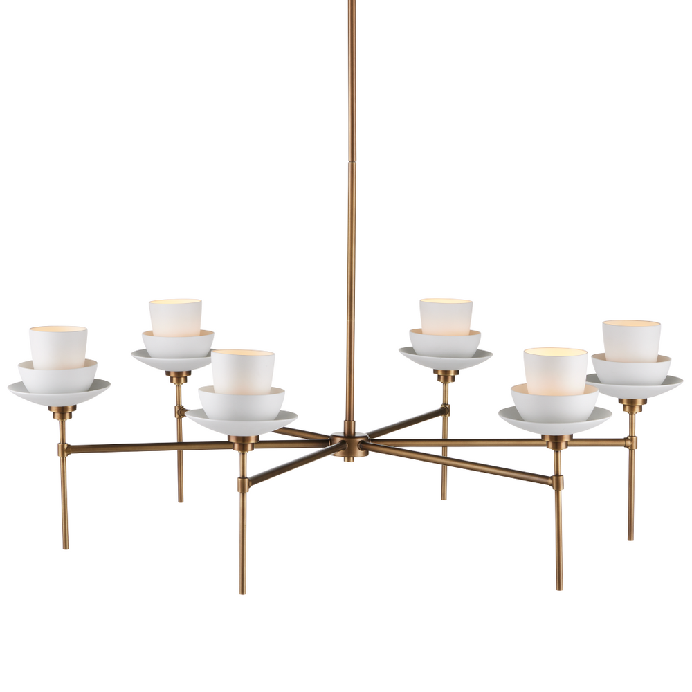 Etiquette Chandelier - Mid-Century Modern Antique Brass Fixture with Bone China Cups & Adjustable Design