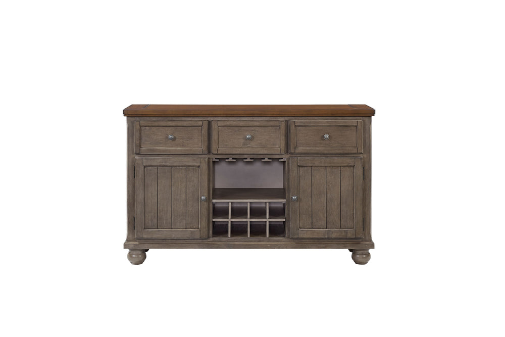 English Elm Rustic Solid Wood Two-Tone Server with Powerpack, Gray Finish, 3 Drawers, Wine Glass & Bottle Storage B2699P208969