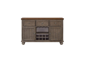 English Elm Rustic Solid Wood Two-Tone Server with Powerpack, Gray Finish, 3 Drawers, Wine Glass & Bottle Storage B2699P208969