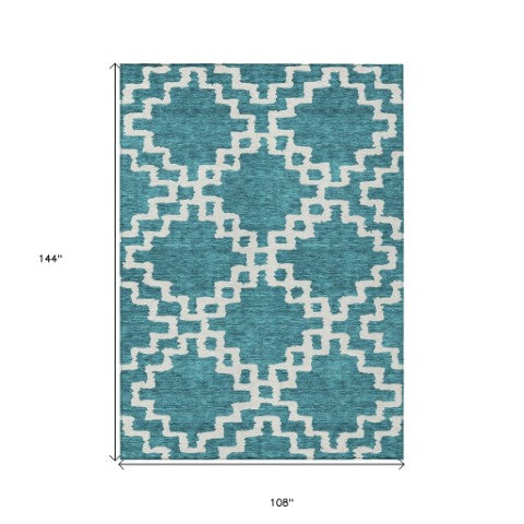 Homeroots 3' Artichoke Green And Ivory Geometric Washable Area Rug For Indoor And Outdoor Spaces, Durable Design 9' X 12' Polyester 593802