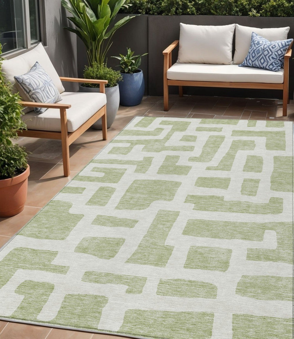 HomeRoots 5' Artichoke Green and Ivory Abstract Area Rug – Durable, Washable, Perfect for Indoor and Outdoor Spaces 5' X 8' 593817