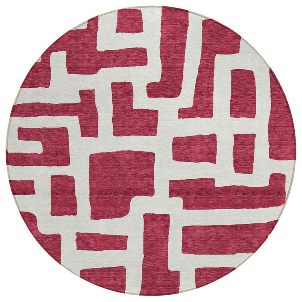 HomeRoots 5' Bold Red and Ivory Abstract Washable Area Rug for Indoor Outdoor Use, Easy-Care and Durable Design 8' Round 593836