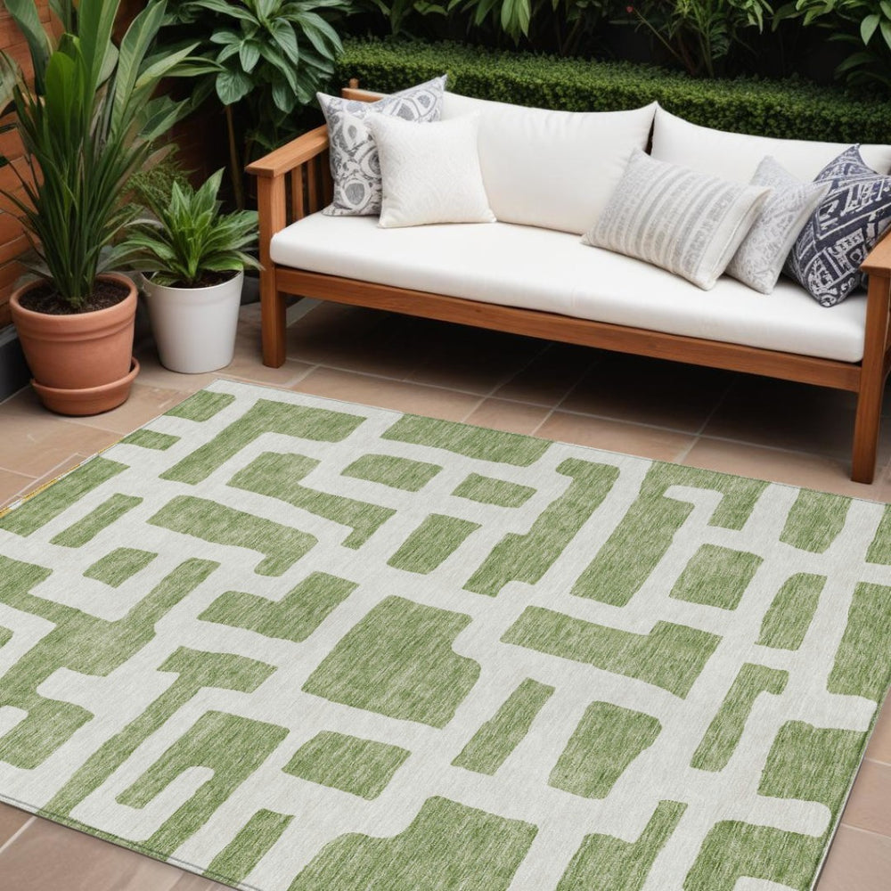 HomeRoots 9' Green and Ivory Abstract Area Rug – Durable, Washable Design for Indoor and Outdoor Spaces 9' X 12' 593844