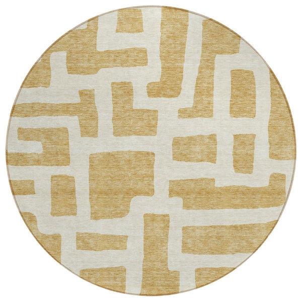 HomeRoots 5' Gold and Ivory Abstract Area Rug - Durable, Washable, Modern Design for Indoor and Outdoor Use 8' Round 593848