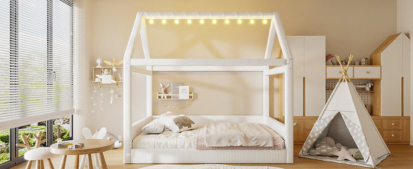 English Elm Full Size Upholstered House Daybed With Led Lighting, Cozy Beige Corduroy For Kids & Guests N7500001335A