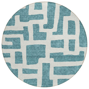 HomeRoots 5' Abstract Teal Blue and Ivory Area Rug - Washable, Durable, Perfect for Indoor & Outdoor Spaces 8' Round 593898