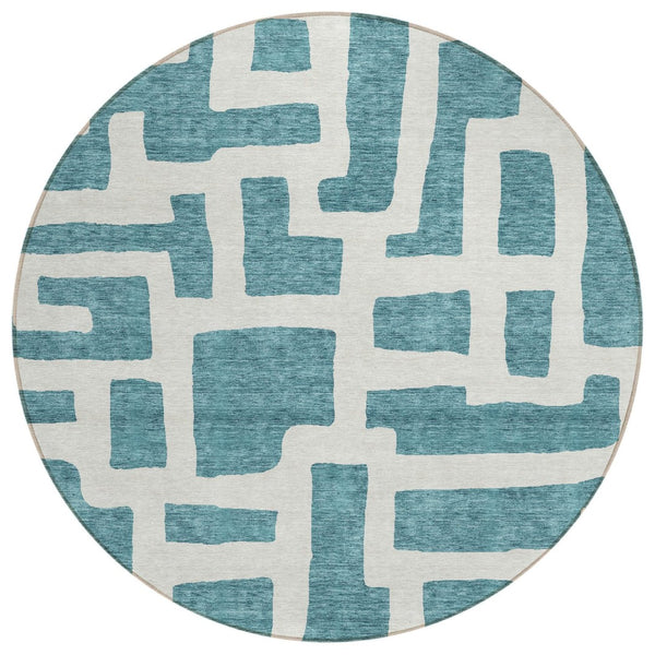 HomeRoots 5' Abstract Teal Blue and Ivory Area Rug - Washable, Durable, Perfect for Indoor & Outdoor Spaces 8' Round 593898