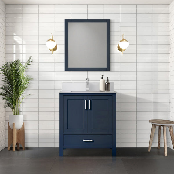 English Elm Navy 30" Bath Vanity with White Quartz Top, Soft-Close Drawer, Chrome Faucet & Spacious Storage B2731P259012