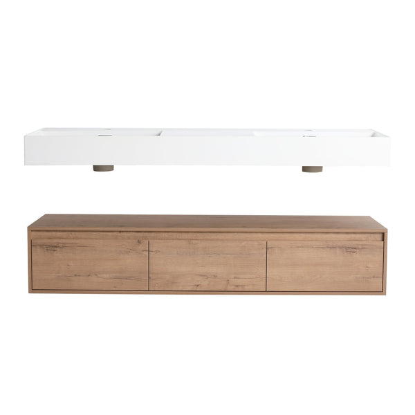 English Elm 60 Inch Wall-Mounted Modern Bathroom Vanity With Dual Resin Sinks, Soft Close Drawers & Chic Design W999S00356