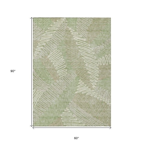 Homeroots 3' Floral Washable Area Rug In Artichoke Green, Brown, And Ivory For Indoor Or Outdoor Use 5' X 8' Polyester 593915