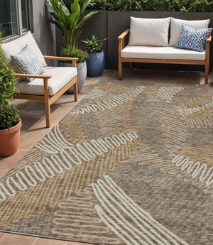 Homeroots 3' Floral Washable Area Rug In Artichoke Green, Brown, And Ivory For Indoor Or Outdoor Use 5' X 8' Polyester 593927