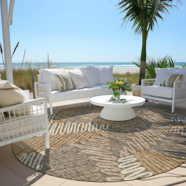 Homeroots 3' Floral Washable Area Rug In Artichoke Green, Brown, And Ivory For Indoor Or Outdoor Use 8' Round Polyester 593928