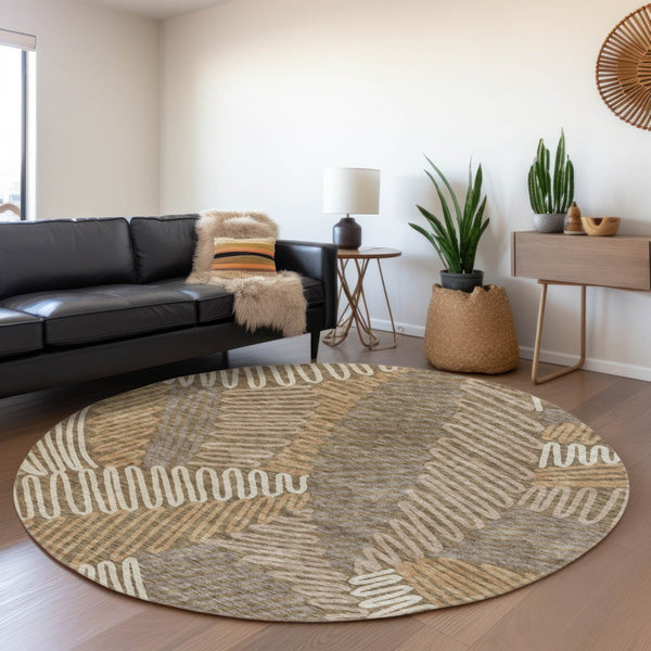 Homeroots 3' Floral Washable Area Rug In Artichoke Green, Brown, And Ivory For Indoor Or Outdoor Use 8' Round Polyester 593928