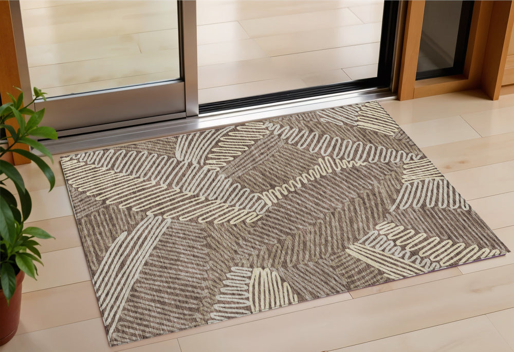 Homeroots 3' Floral Washable Area Rug In Artichoke Green, Brown, And Ivory For Indoor Or Outdoor Use 3' X 5' Polyester 593938