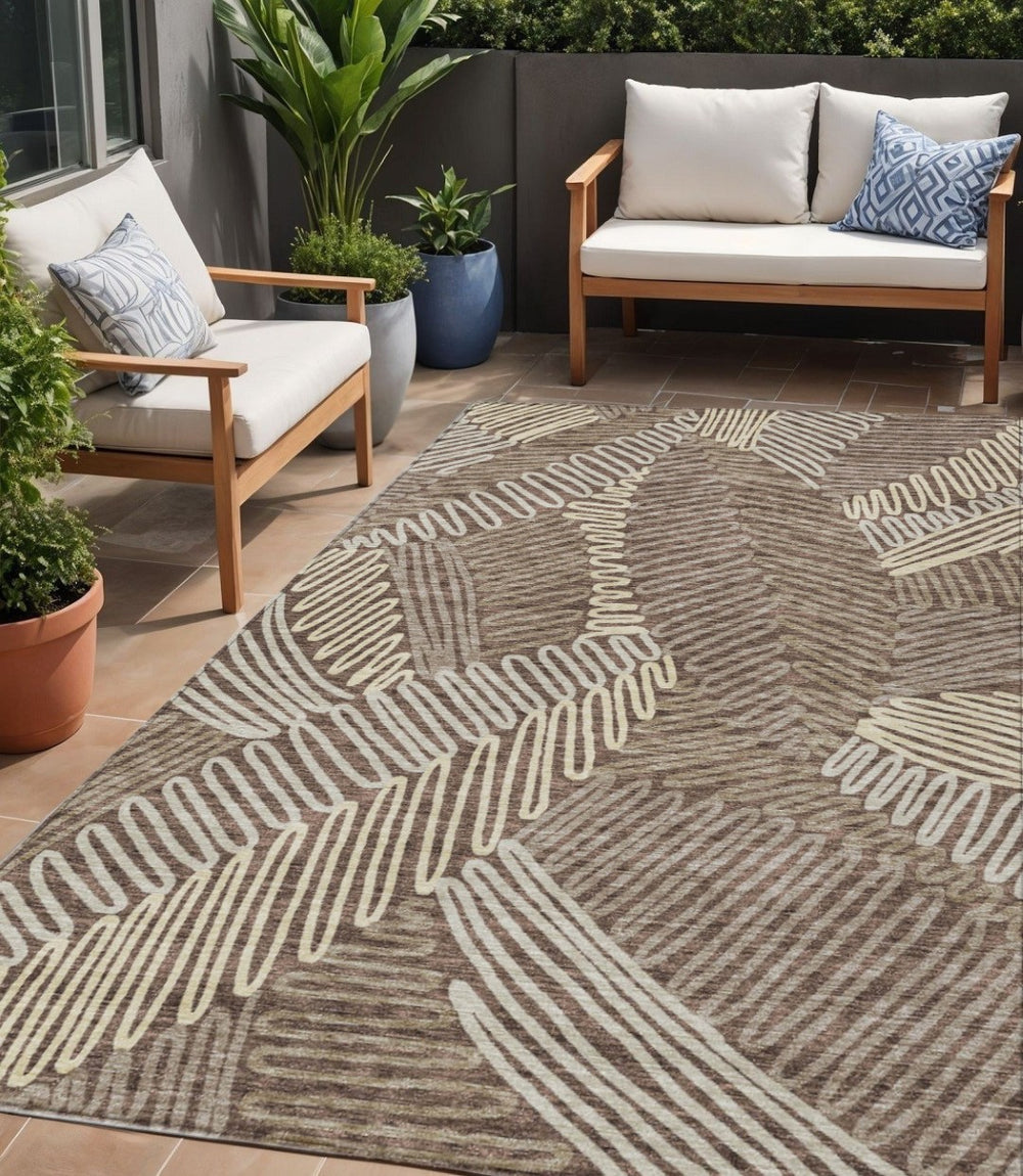HomeRoots 5' Durable Chocolate and Ivory Floral Area Rug for Indoor or Outdoor Use – Washable and Stylish 5' X 8' 593939