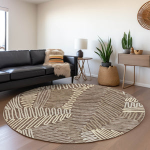 Homeroots 3' Floral Washable Area Rug In Artichoke Green, Brown, And Ivory For Indoor Or Outdoor Use 8' Round Polyester 593940