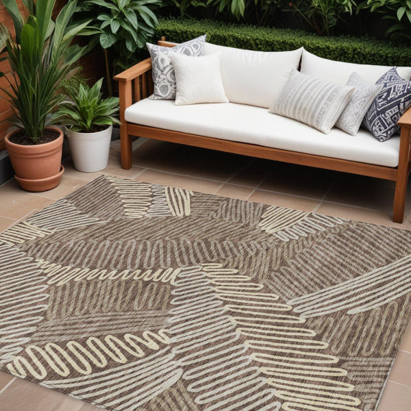 Homeroots 3' Floral Washable Area Rug In Artichoke Green, Brown, And Ivory For Indoor Or Outdoor Use 10' X 14' Polyester 593943