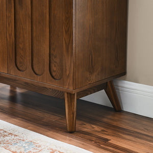 English Elm Mid Century Modern Fluted Sideboard Cabinet - Stylish Walnut Buffet With Adjustable Storage Shelves W1801P195608