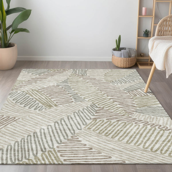 Homeroots 3' Floral Washable Area Rug In Artichoke Green, Brown, And Ivory For Indoor Or Outdoor Use 3' X 5' Polyester 593950