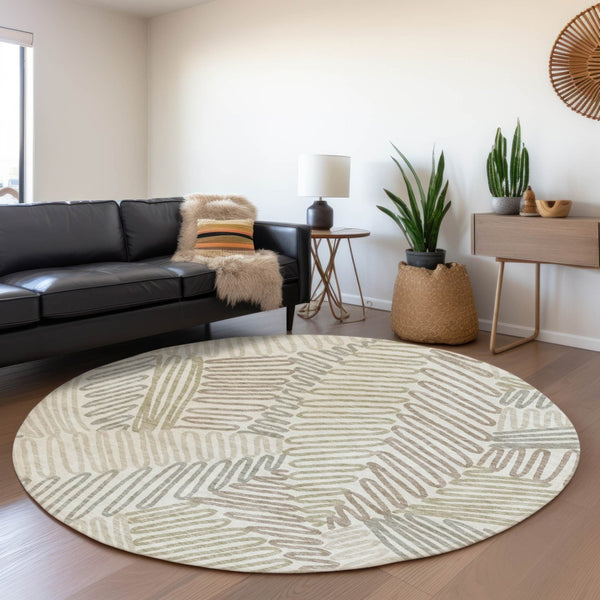 Homeroots 3' Floral Washable Area Rug In Artichoke Green, Brown, And Ivory For Indoor Or Outdoor Use 8' Round Polyester 593952