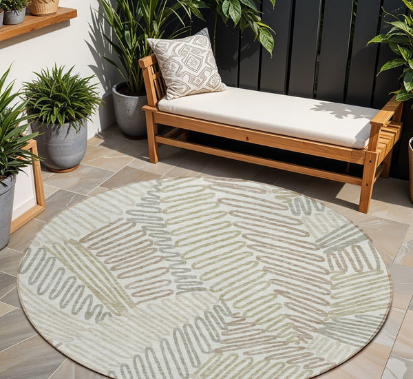 Homeroots 3' Floral Washable Area Rug In Artichoke Green, Brown, And Ivory For Indoor Or Outdoor Use 8' Round Polyester 593952