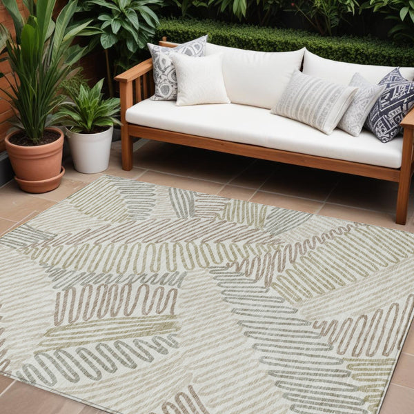 Homeroots 3' Floral Washable Area Rug In Artichoke Green, Brown, And Ivory For Indoor Or Outdoor Use 10' X 14' Polyester 593955