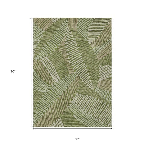 Homeroots 3' Floral Washable Area Rug In Artichoke Green, Brown, And Ivory For Indoor Or Outdoor Use 3' X 5' Polyester 593968