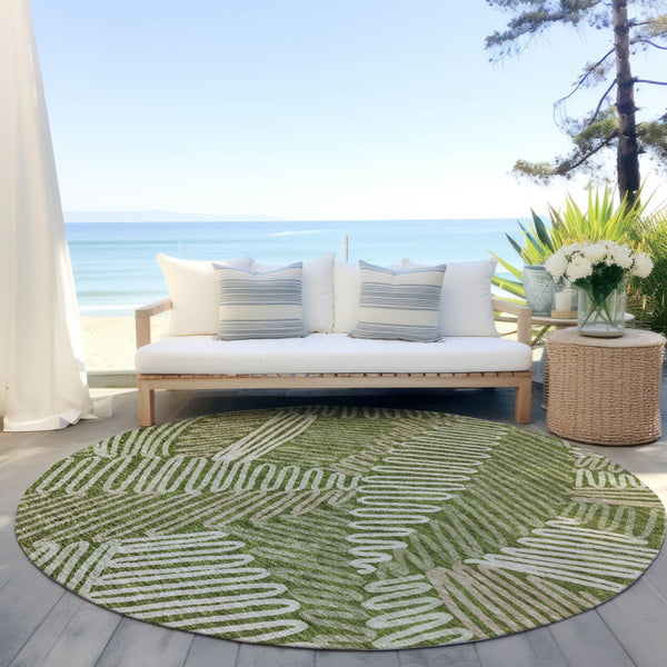 Homeroots 3' Floral Washable Area Rug In Artichoke Green, Brown, And Ivory For Indoor Or Outdoor Use 8' Round Polyester 593970