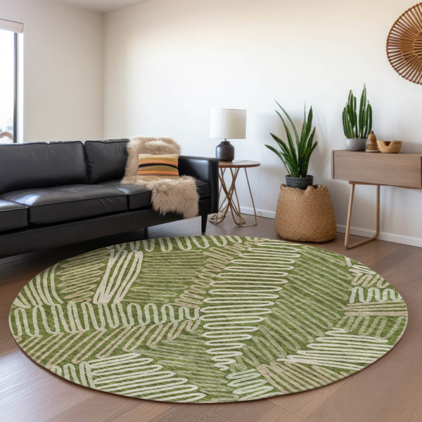 Homeroots 3' Floral Washable Area Rug In Artichoke Green, Brown, And Ivory For Indoor Or Outdoor Use 8' Round Polyester 593970