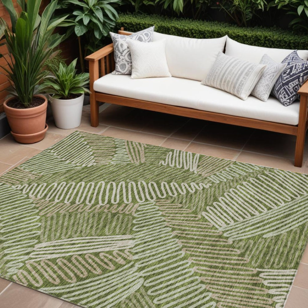 HomeRoots 5' Olive Green Brown Ivory Floral Area Rug – Durable, Washable Design for Indoor and Outdoor Use 8' X 10' 593971