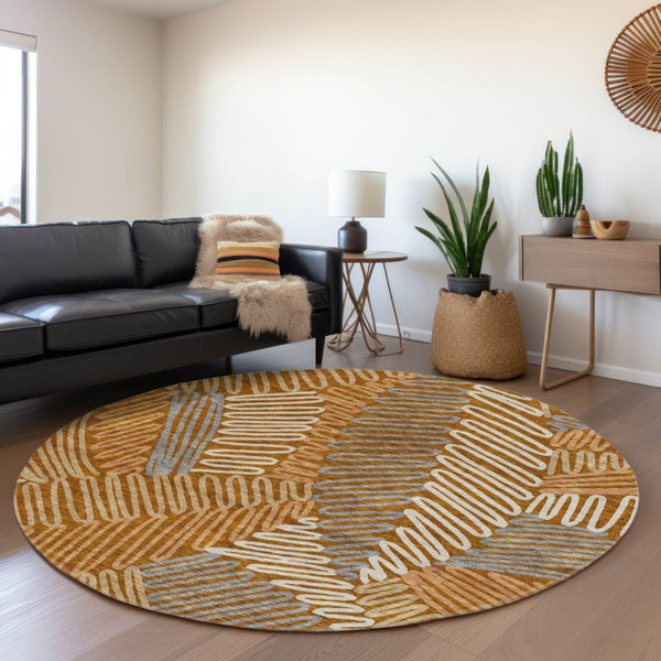 Homeroots 3' Floral Washable Area Rug In Artichoke Green, Brown, And Ivory For Indoor Or Outdoor Use 8' Round Polyester 593976