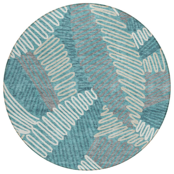 HomeRoots 5' Floral Area Rug in Teal, Blue, Gray & Ivory - Durable, Washable for Indoor & Outdoor Use 8' Round 593982