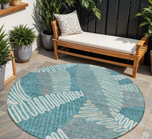 HomeRoots 5' Floral Area Rug in Teal, Blue, Gray & Ivory - Durable, Washable for Indoor & Outdoor Use 8' Round 593982