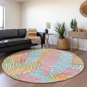 Homeroots 3' Floral Washable Area Rug In Artichoke Green, Brown, And Ivory For Indoor Or Outdoor Use 8' Round Polyester 593994