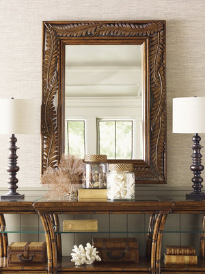 Lexington Tommy Bahama Home Oyster Reef Sideboard: Exquisite Breakfront Buffet With Glass Inserts And Woven Raffia Drawers Caribbean Sunset  593-869