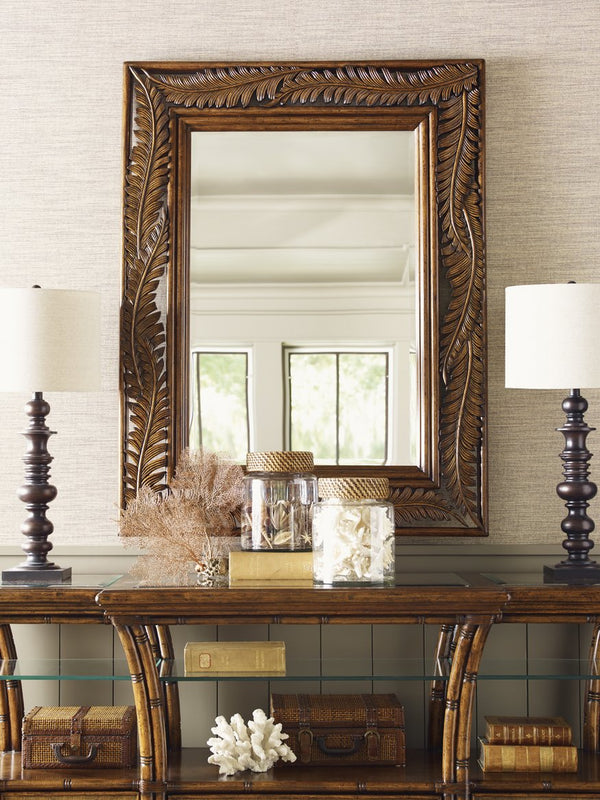 Lexington Tommy Bahama Home Oyster Reef Sideboard: Exquisite Breakfront Buffet With Glass Inserts And Woven Raffia Drawers Caribbean Sunset  593-869