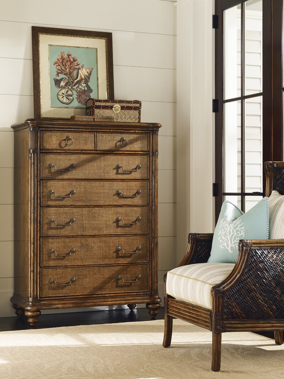 Lexington Tommy Bahama Home Tobago Drawer Chest - Exquisite Storage Solution With Bamboo Accents And Woven Raffia Fronts, Warm Finish Caribbean Sunset  593-307