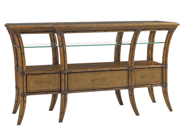 Lexington Tommy Bahama Home Oyster Reef Sideboard: Exquisite Breakfront Buffet With Glass Inserts And Woven Raffia Drawers Caribbean Sunset  593-869