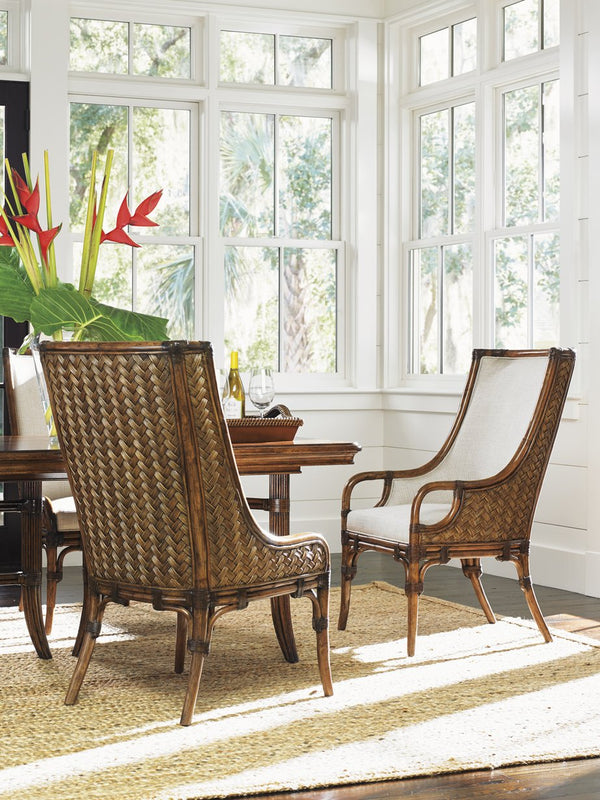 Lexington Tommy Bahama Home Marabella Upholstered Arm Chair - Embrace Relaxed Luxury With Woven Rattan And Elegant Island Style Caribbean Sunset  593-885-01