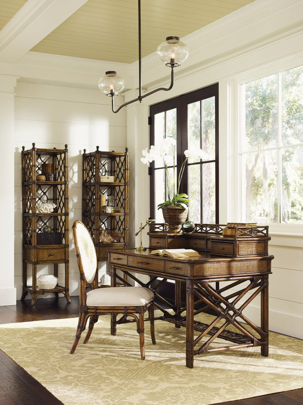 Lexington Tommy Bahama Home Atlantis Etagere - Elegant Storage Solution With Leather-wrapped Rattan, Antique Brass Finials & Shelves Caribbean Sunset  593-990