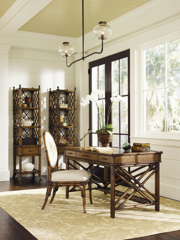 Lexington Tommy Bahama Home Atlantis Etagere - Elegant Storage Solution With Leather-wrapped Rattan, Antique Brass Finials & Shelves Caribbean Sunset  593-990