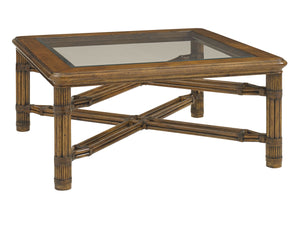Lexington Tommy Bahama Home Capri Square Cocktail Table - Elegant Tropical Design With Glass Top And Decorative Rattan Details Caribbean Sunset  593-947