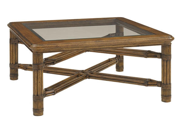 Lexington Tommy Bahama Home Capri Square Cocktail Table - Elegant Tropical Design With Glass Top And Decorative Rattan Details Caribbean Sunset  593-947