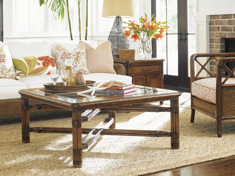 Lexington Tommy Bahama Home Capri Square Cocktail Table - Elegant Tropical Design With Glass Top And Decorative Rattan Details Caribbean Sunset  593-947
